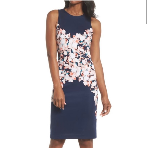Maggy London Floral Sleeveless Sheath Dress Navy 16 - Picture 1 of 9